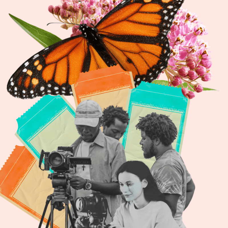 Filmmakers, butterfly and movie tickets