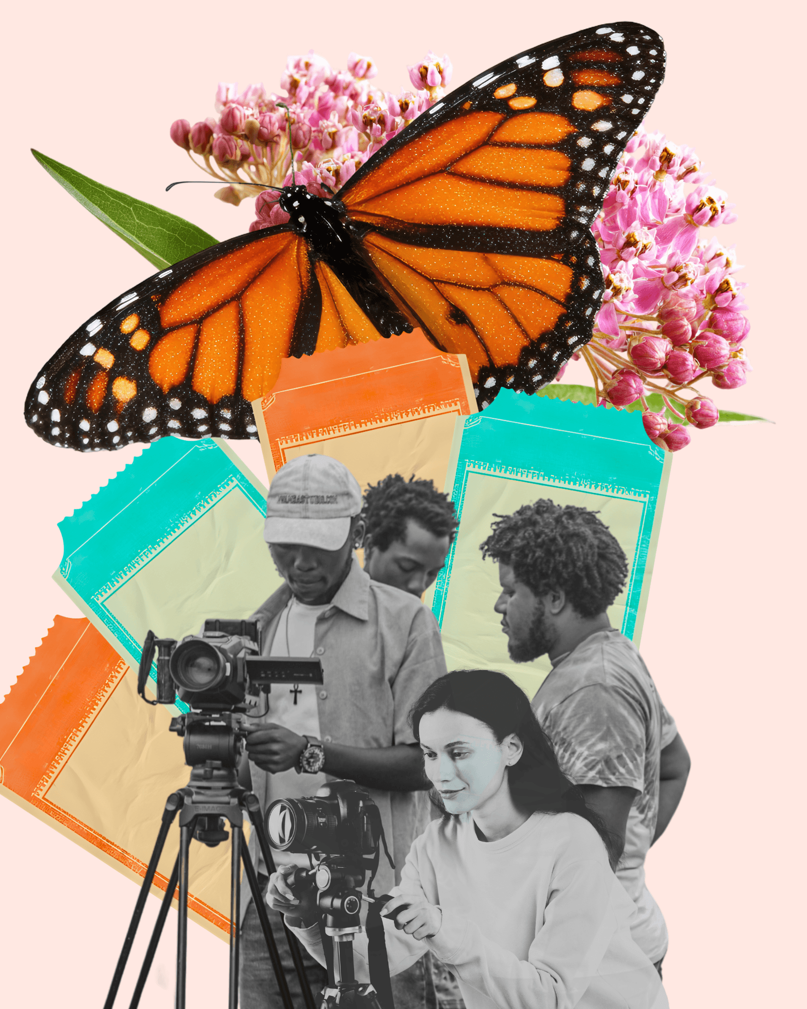 Filmmakers, butterfly and movie tickets